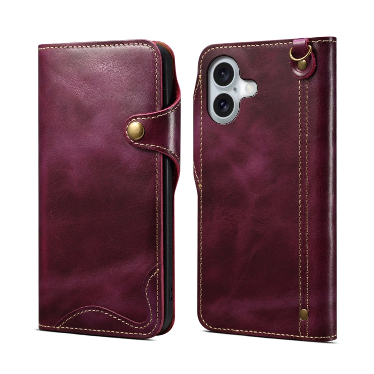 Denior B01 Oil Wax Cowhide Magnetic Button Genuine Leather Case, For iPhone 16e, For iPhone 16 Pro Max, For iPhone 16 Pro, For iPhone 16 Plus