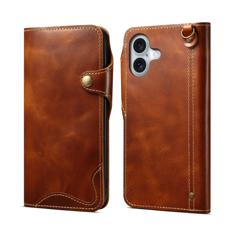 Denior B01 Oil Wax Cowhide Magnetic Button Genuine Leather Case, For iPhone 16e, For iPhone 16 Pro Max, For iPhone 16 Pro, For iPhone 16 Plus