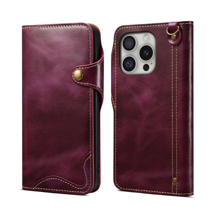 Denior B01 Oil Wax Cowhide Magnetic Button Genuine Leather Case, For iPhone 16e, For iPhone 16 Pro Max, For iPhone 16 Pro, For iPhone 16 Plus