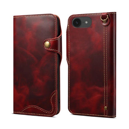 Denior B01 Oil Wax Cowhide Magnetic Button Genuine Leather Case, For iPhone 16e, For iPhone 16 Pro Max, For iPhone 16 Pro, For iPhone 16 Plus
