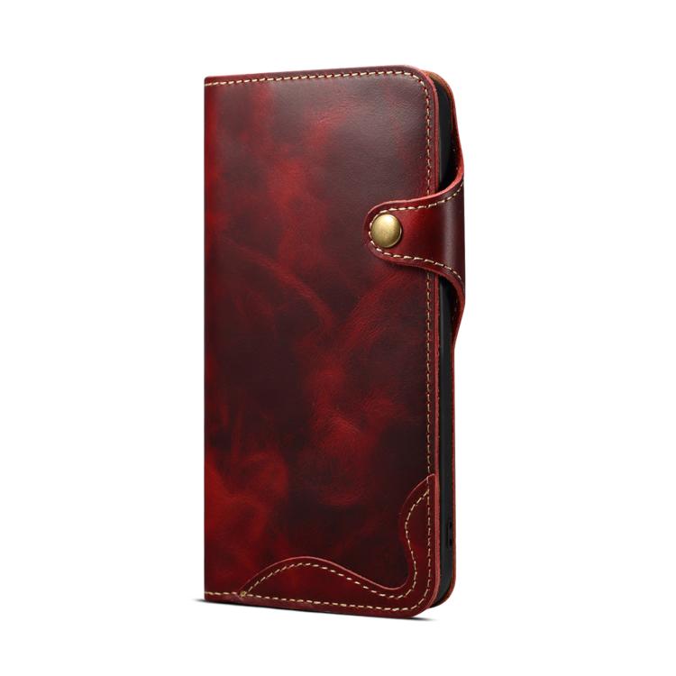 Denior B01 Oil Wax Cowhide Magnetic Button Genuine Leather Case, For iPhone 16e, For iPhone 16 Pro Max, For iPhone 16 Pro, For iPhone 16 Plus