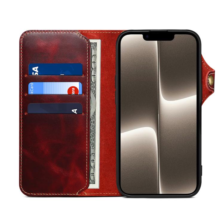 Denior B01 Oil Wax Cowhide Magnetic Button Genuine Leather Case, For iPhone 16e, For iPhone 16 Pro Max, For iPhone 16 Pro, For iPhone 16 Plus