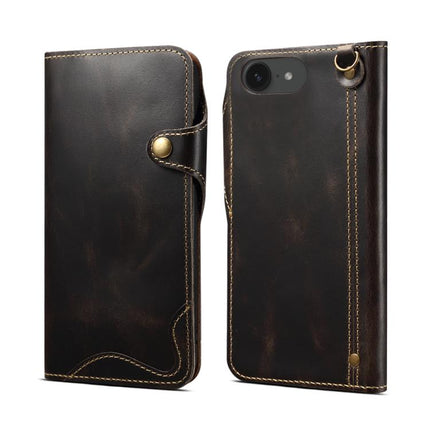 Denior B01 Oil Wax Cowhide Magnetic Button Genuine Leather Case, For iPhone 16e, For iPhone 16 Pro Max, For iPhone 16 Pro, For iPhone 16 Plus