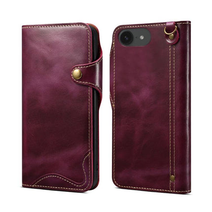 Denior B01 Oil Wax Cowhide Magnetic Button Genuine Leather Case, For iPhone 16e, For iPhone 16 Pro Max, For iPhone 16 Pro, For iPhone 16 Plus