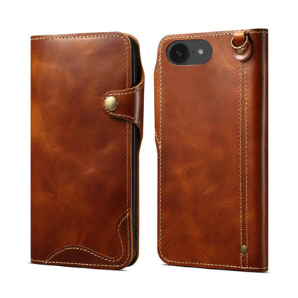 Denior B01 Oil Wax Cowhide Magnetic Button Genuine Leather Case, For iPhone 16e, For iPhone 16 Pro Max, For iPhone 16 Pro, For iPhone 16 Plus