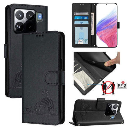Cat Rat Embossed Pattern RFID Leather Phone Case with Lanyard, For Xiaomi 15T 5G, For Xiaomi Civi 5 Pro 5G, For Xiaomi 15S Pro 5G, For Xiaomi Poco M7 5G / C75 4G