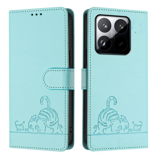 Cat Rat Embossed Pattern RFID Leather Phone Case with Lanyard, For Xiaomi 15T 5G, For Xiaomi Civi 5 Pro 5G, For Xiaomi 15S Pro 5G, For Xiaomi Poco M7 5G / C75 4G