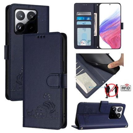 Cat Rat Embossed Pattern RFID Leather Phone Case with Lanyard, For Xiaomi 15T 5G, For Xiaomi Civi 5 Pro 5G, For Xiaomi 15S Pro 5G, For Xiaomi Poco M7 5G / C75 4G