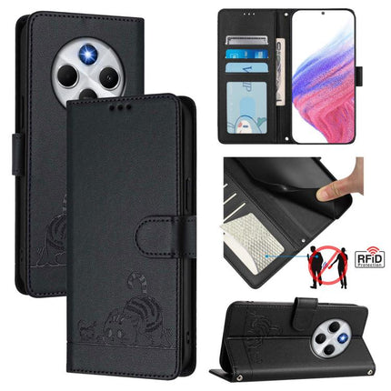 Cat Rat Embossed Pattern RFID Leather Phone Case with Lanyard, For Xiaomi 15T 5G, For Xiaomi Civi 5 Pro 5G, For Xiaomi 15S Pro 5G, For Xiaomi Poco M7 5G / C75 4G