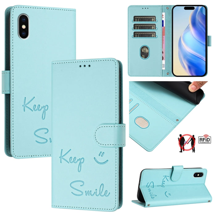 Smile Embossing RFID Leather Phone Case, For iPhone X / XS, For iPhone XR, For iPhone XS Max, For iPhone 8 Plus / 7 Plus