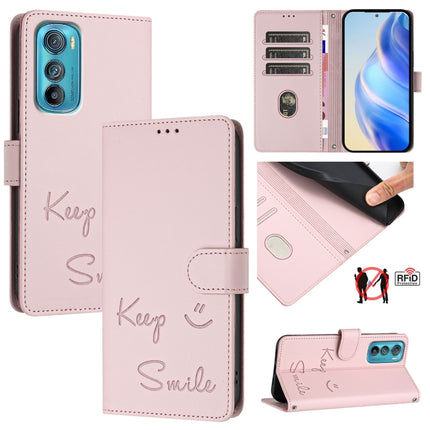 Smile Embossing RFID Leather Phone Case, For Motorola Moto G52 4G/G82 5G/G71s 5G, For Motorola Moto E32 4G Global, For Motorola Moto E32 4G India, For Motorola Edge 30