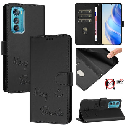 Smile Embossing RFID Leather Phone Case, For Motorola Moto G52 4G/G82 5G/G71s 5G, For Motorola Moto E32 4G Global, For Motorola Moto E32 4G India, For Motorola Edge 30