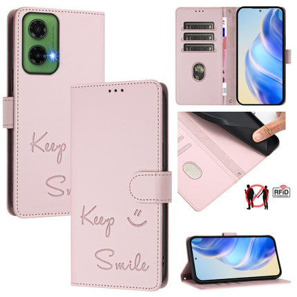Smile Embossing RFID Leather Phone Case, For Motorola Moto G05, For Motorola Moto G15, For Motorola Moto G75 5G, For Motorola Moto G35