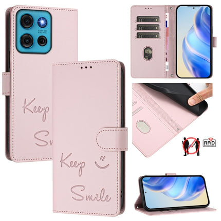Smile Embossing RFID Leather Phone Case, For Motorola Moto G05, For Motorola Moto G15, For Motorola Moto G75 5G, For Motorola Moto G35