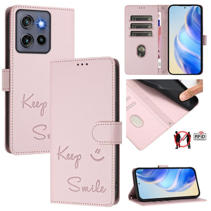 Smile Embossing RFID Leather Phone Case, For Motorola Moto G55, For Motorola Edge 50 5G Global, For Motorola Edge 50 Neo, For Motorola Moto E14