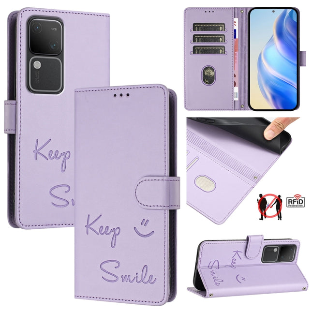Smile Embossing RFID Leather Phone Case, For vivo V30 5G Global, For vivo V30 Pro 5G Global, For vivo V29E 5G Global, For vivo Y200 5G Global