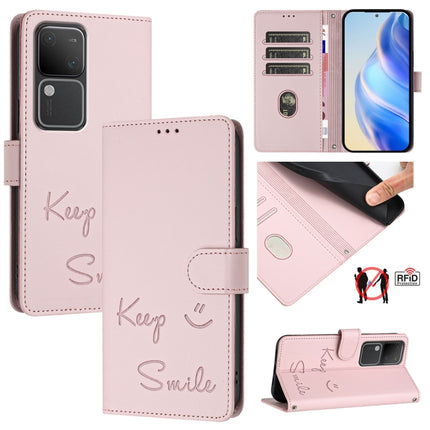 Smile Embossing RFID Leather Phone Case, For vivo V30 5G Global, For vivo V30 Pro 5G Global, For vivo V29E 5G Global, For vivo Y200 5G Global