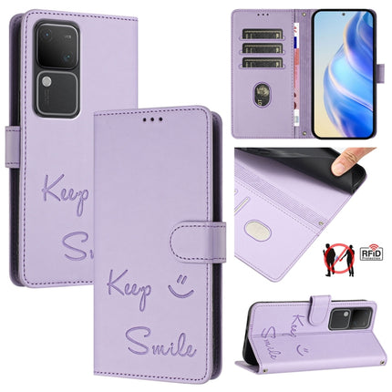 Smile Embossing RFID Leather Phone Case, For vivo V30 5G Global, For vivo V30 Pro 5G Global, For vivo V29E 5G Global, For vivo Y200 5G Global