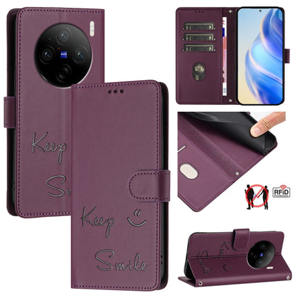 Smile Embossing RFID Leather Phone Case, For vivo V30 Lite 5G Global, For vivo X100 Pro 5G, For vivo X100, For vivo Y27S 4G Global