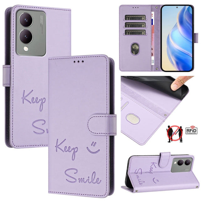 Smile Embossing RFID Leather Phone Case, For vivo V29 5G Global / V29 Pro, For vivo Y17S 4G Global, For vivo Y17S 5G India, For vivo Y02A 4G / Y02 4G