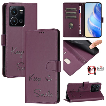 Smile Embossing RFID Leather Phone Case, For vivo Y77 5G Global / Y77E 5G, For vivo Y55S 2023 5G, For vivo Y55 5G Global, For vivo Y75 5G Global