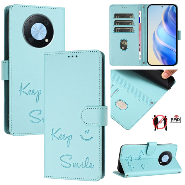 Smile Embossing RFID Leather Phone Case, For Huawei nova Y90, For Huawei Enjoy 50 4G, For Huawei nova Y70 Plus, For Huawei nova 9 SE