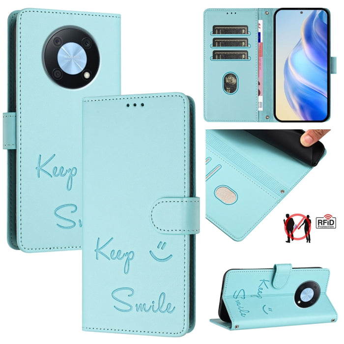 Smile Embossing RFID Leather Phone Case, For Huawei nova Y90, For Huawei Enjoy 50 4G, For Huawei nova Y70 Plus, For Huawei nova 9 SE