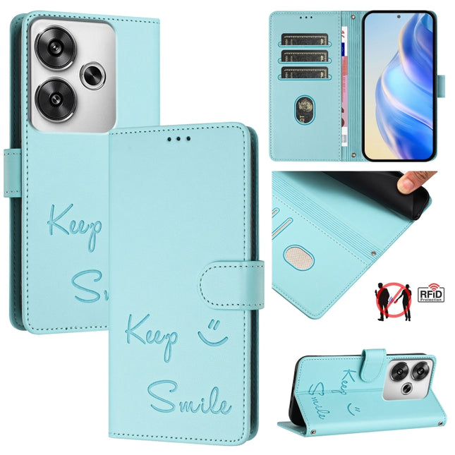 Smile Embossing RFID Leather Phone Case, For Xiaomi Poco F6 5G, For Xiaomi Poco C61, For Xiaomi Poco M6 Pro 4G, For Xiaomi Poco X6 Neo