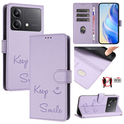 Smile Embossing RFID Leather Phone Case, For Xiaomi Poco F6 5G, For Xiaomi Poco C61, For Xiaomi Poco M6 Pro 4G, For Xiaomi Poco X6 Neo