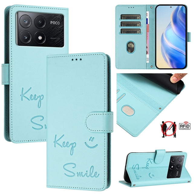 Smile Embossing RFID Leather Phone Case, For Xiaomi Poco X6 Pro / Redmi K70E, For Xiaomi Poco X6, For Xiaomi 14 Ultra, For Xiaomi 14 Pro
