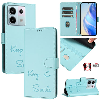Smile Embossing RFID Leather Phone Case, For Xiaomi Poco X6 Pro / Redmi K70E, For Xiaomi Poco X6, For Xiaomi 14 Ultra, For Xiaomi 14 Pro