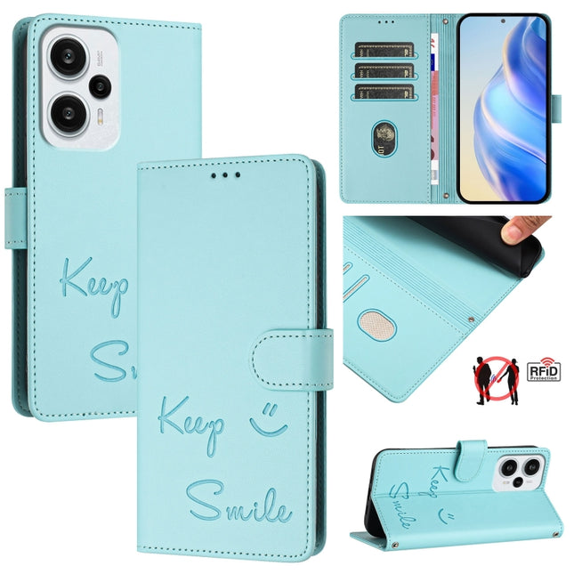 Smile Embossing RFID Leather Phone Case, For Xiaomi Poco F5, For Xiaomi Poco F5 Pro, For Xiaomi Poco C51 / C50, For Xiaomi 13 Ultra