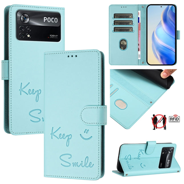 Smile Embossing RFID Leather Phone Case, For Xiaomi Poco X4 Pro 5G, For Xiaomi 11 Lite 5G NE, For Xiaomi Mi 11 Lite 4G / 5G, For Xiaomi 11T / 11T Pro