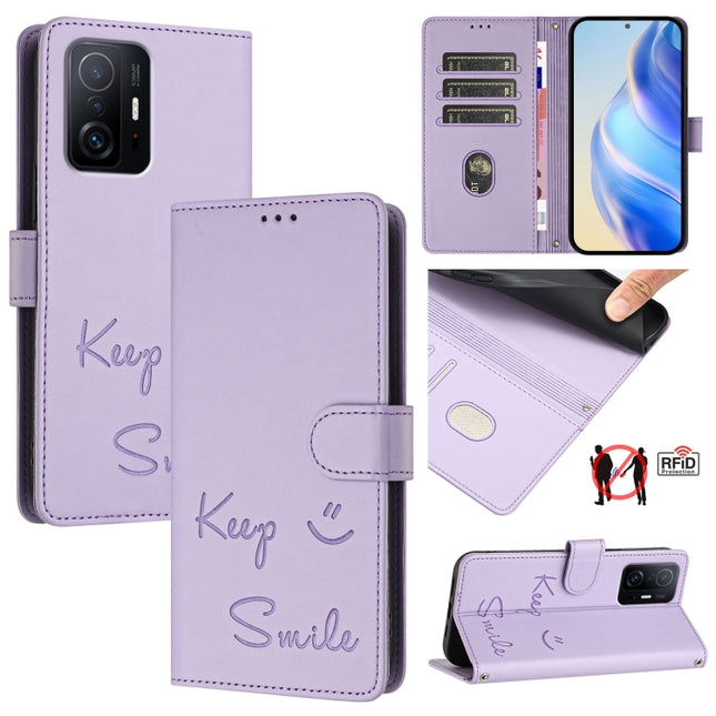 Smile Embossing RFID Leather Phone Case, For Xiaomi Poco X4 Pro 5G, For Xiaomi 11 Lite 5G NE, For Xiaomi Mi 11 Lite 4G / 5G, For Xiaomi 11T / 11T Pro