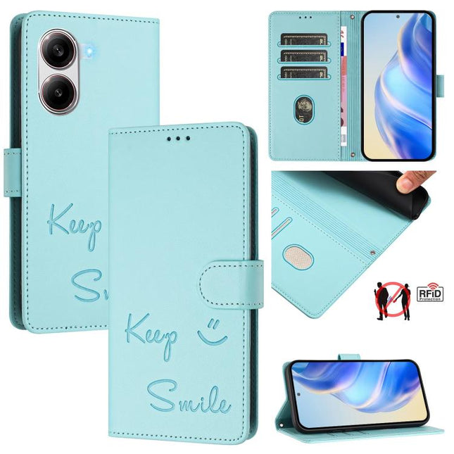 Smile Embossing RFID Leather Phone Case, For Xiaomi Poco X7 Pro 5G / Redmi Turbo 4 5G, For Xiaomi Poco M7 Pro 5G, For Xiaomi 14T Pro, For Xiaomi 14T