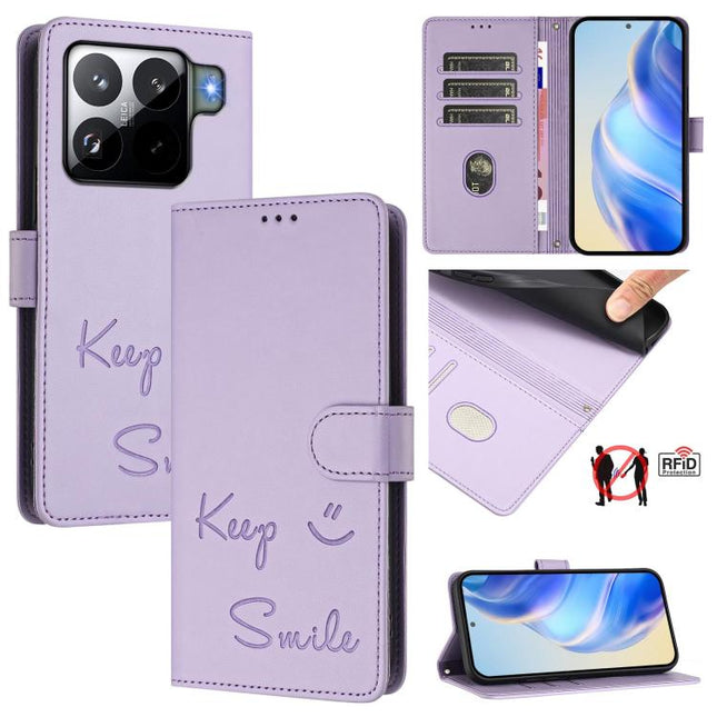Smile Embossing RFID Leather Phone Case, For Xiaomi 15S Pro 5G, For Xiaomi Poco M7 5G / C75 4G, For Xiaomi Poco X7 5G / Redmi Note 14 Pro 5G, For Xiaomi 15 Ultra