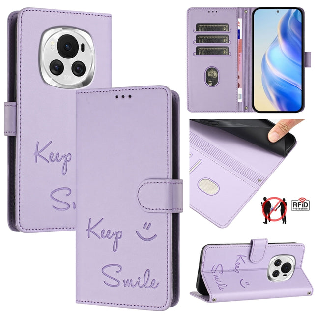 Smile Embossing RFID Leather Phone Case, For Honor 90 Smart 5G Global, For Honor X7b 5G Global / 4G Global, For Honor Magic6 Pro 5G Global, For Honor Magic6 5G Global