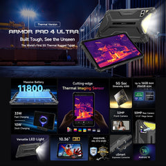 Ulefone Armor Pad 4 Ultra Thermal Version Rugged Tablet, 10.36 inch Android 14 MediaTek Dimensity 6300 Octa Core 5G Network, EU Plug, Armor Pad 4 Ultra Thermal Imaging