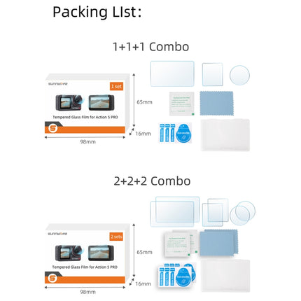 Protector de lente 3 en 1 Sunnylife para pantalla delantera y trasera de DJI Osmo Action 5 Pro, películas de vidrio templado, juegos 1 + 1 + 1, juegos 2 + 2 + 2