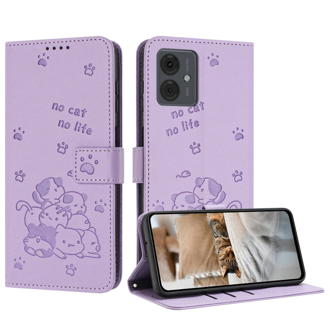 Embossed Kitten Phone Leather Case with Lanyard, For Motorola Moto G14, For Motorola Moto G Stylus 2023 4G, For Motorola Edge 40