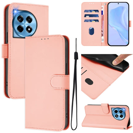 Skin Feel Solid Color Leather Phone Case with Lanyard, For OnePlus 12 5G Global