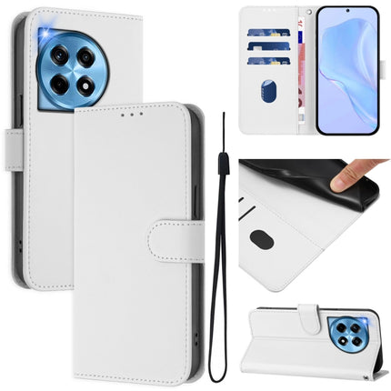 Skin Feel Solid Color Leather Phone Case with Lanyard, For OnePlus 12 5G Global