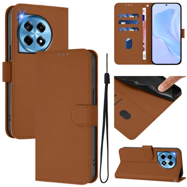 Skin Feel Solid Color Leather Phone Case with Lanyard, For OnePlus 12R 5G Global