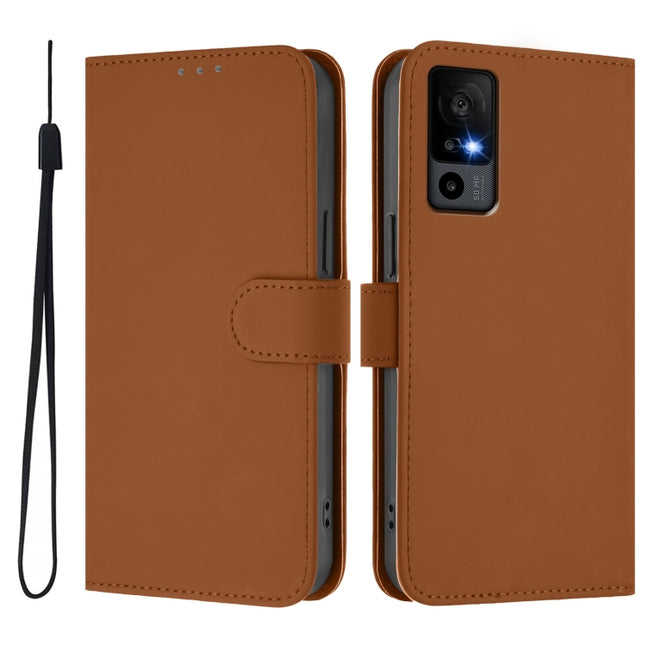 Skin Feel Solid Color Leather Phone Case with Lanyard, For TCL 40 R 5G