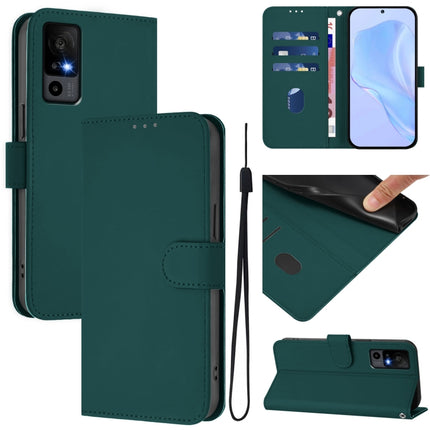 Skin Feel Solid Color Leather Phone Case with Lanyard, For TCL 40 R 5G