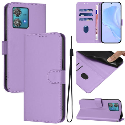 Skin Feel Solid Color Leather Phone Case with Lanyard, For Motorola Edge 40 Neo 5G