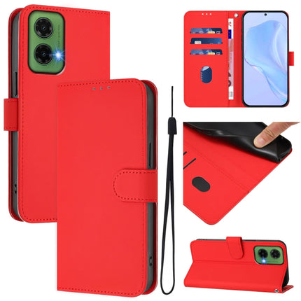 Skin Feel Solid Color Leather Phone Case with Lanyard, For Motorola Moto G35
