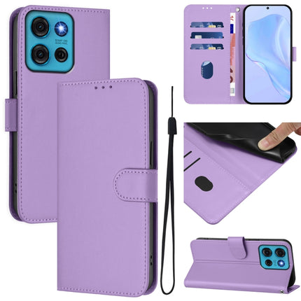 Skin Feel Solid Color Leather Phone Case with Lanyard, For Motorola Moto G75 5G