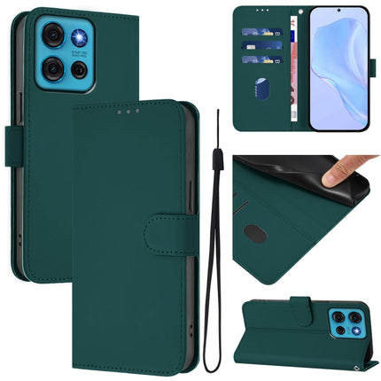 Skin Feel Solid Color Leather Phone Case with Lanyard, For Motorola Moto G75 5G
