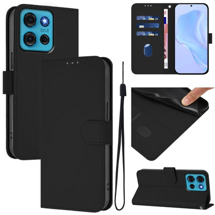 Skin Feel Solid Color Leather Phone Case with Lanyard, For Motorola Moto G75 5G